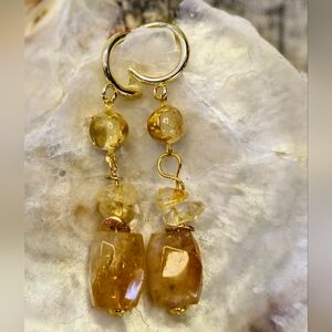 Large Natural Citrine Chunky Nuggets In Long 18K Gold Plated Earrings